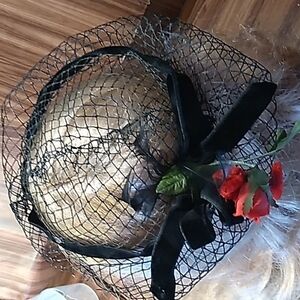 Vintage black red rose hair piece hat